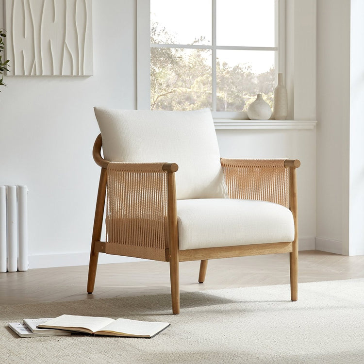 Elegant modern chair with braided backrest and cream cushion in bright room - CHITA Living