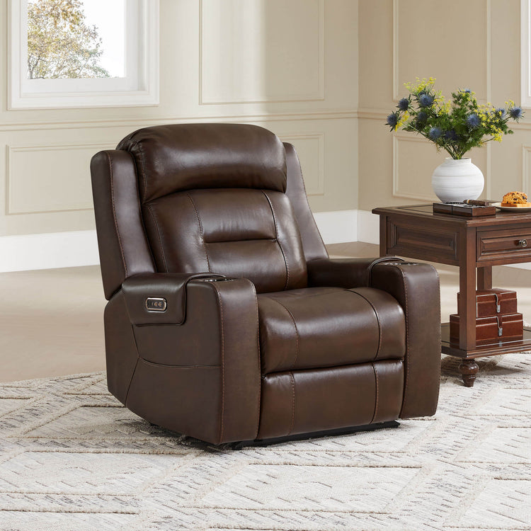 A brown leather recliner with cup holders, next to a wooden side table in a cozy living room setting.
