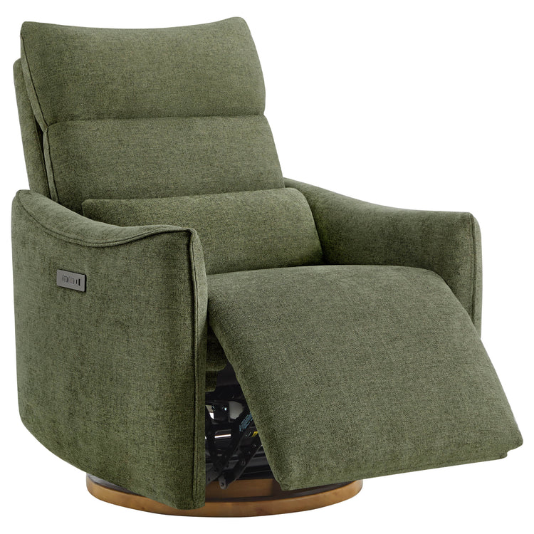 Green Janice Power Swivel Nursery Glider Recliner with power headrest and footrest extended, modern furniture