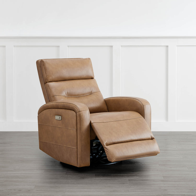 Theo Power Swivel Glider Recliner in tan leather, featuring swivel base and reclining function - CHITA Living