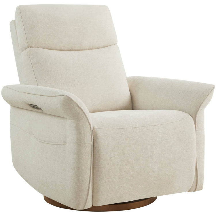 Cream swivel recliner with ergonomic design and generous padding for comfort.