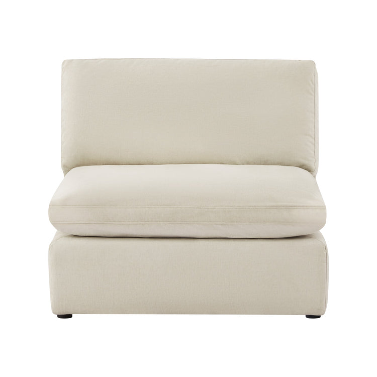 Kenna Armless Chair in light beige fabric, modern design, and comfortable seating.
