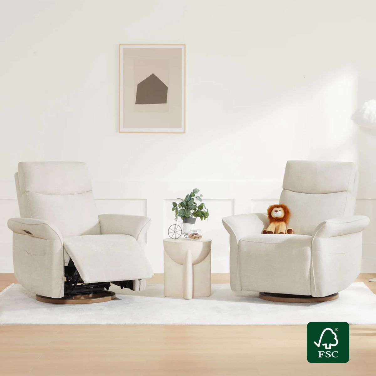 Elegant white power recliners in a minimalist living room setting with small side table.