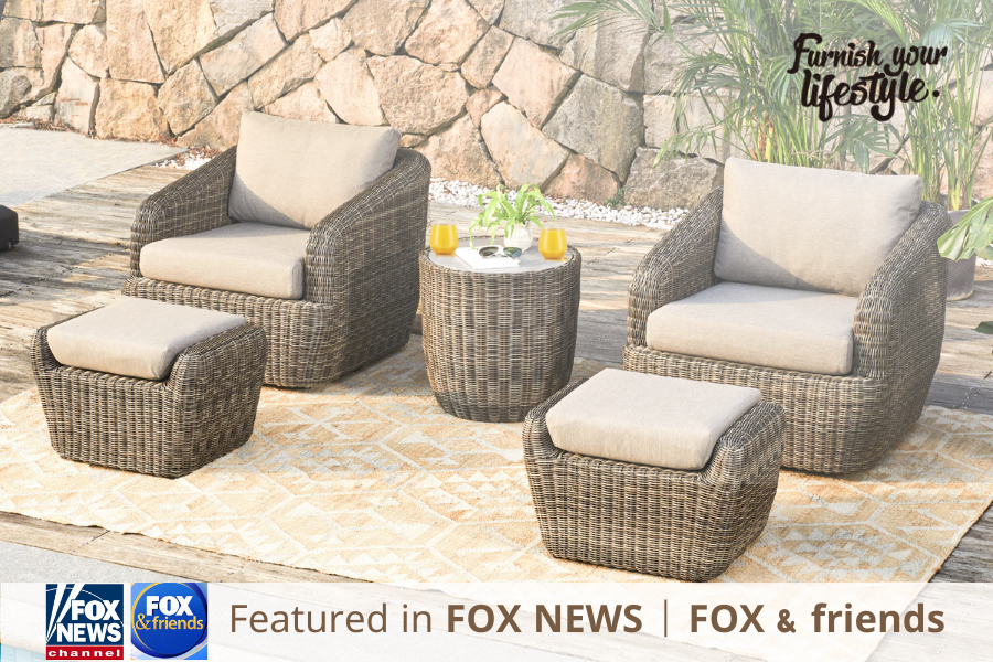 Wicker patio set with two chairs, ottomans, and a side table, featured in FOX NEWS | FOX & friends.