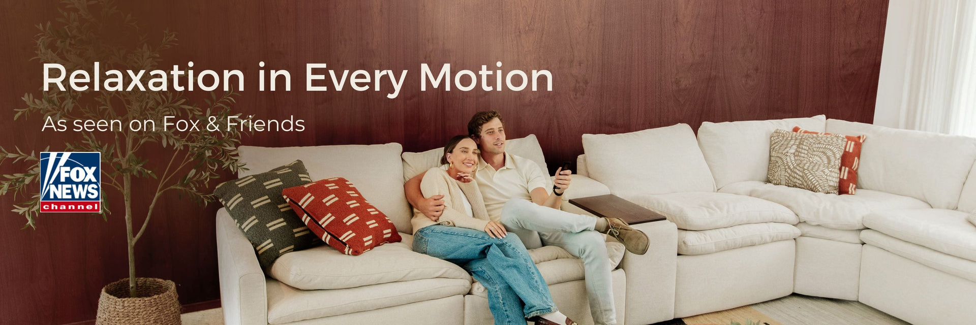 A couple relaxing on a cozy beige sectional sofa, with text 