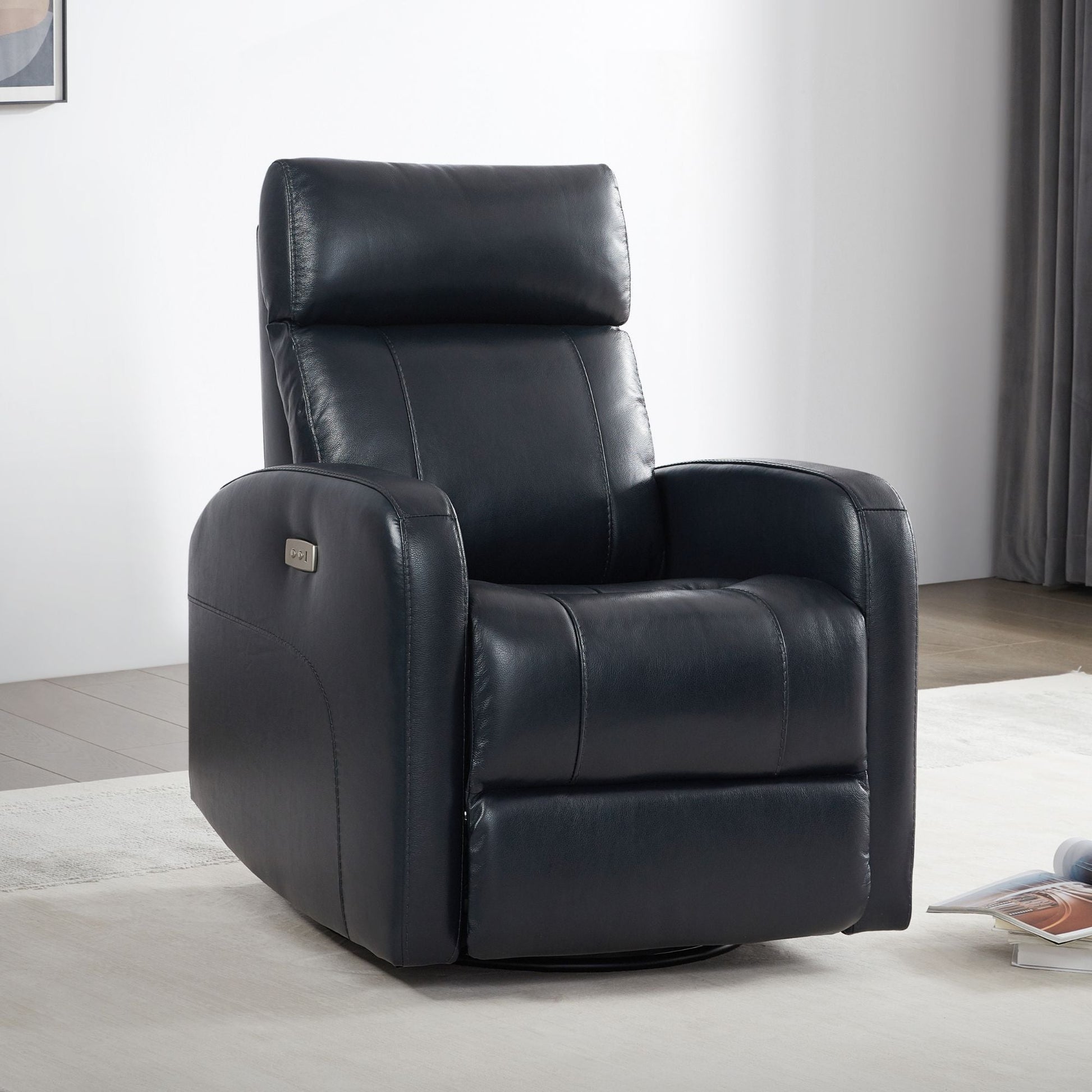 CHITA LIVING-Joy Power Swivel Recliner with Manual Headrest-Recliners-Genuine Leather-Navy-