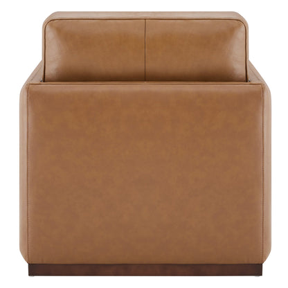 Back view of brown leather Henry Swivel Accent Chair with wooden base - CHITA Living