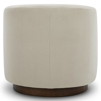 Back view of Wren Modern Swivel Accent Chair showcasing smooth fabric and wood base - CHITA Living