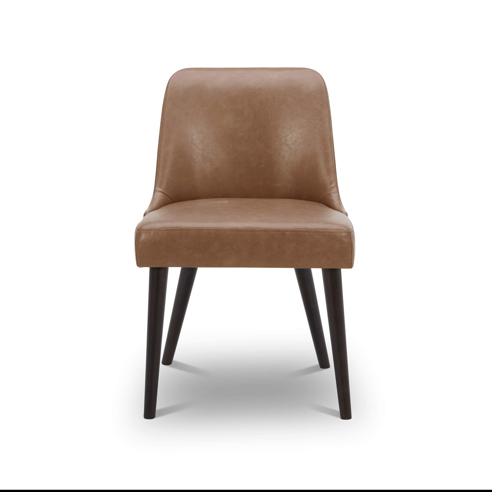 Front view of Rhett Dining Chair in brown faux leather with tapered wooden legs - CHITA Living