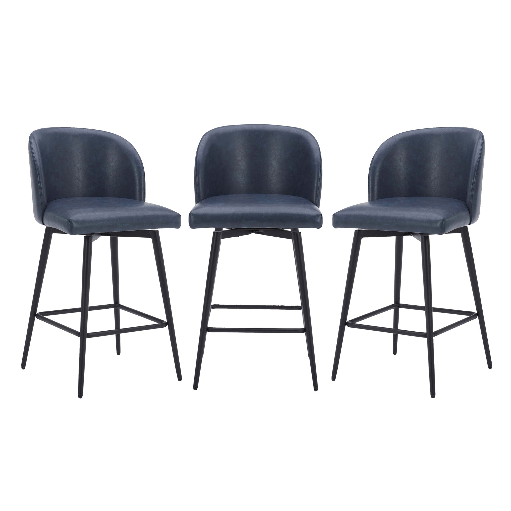 Set of three Nova Swivel Bar & Counter Stools in dark fabric with black metal legs - CHITA Living