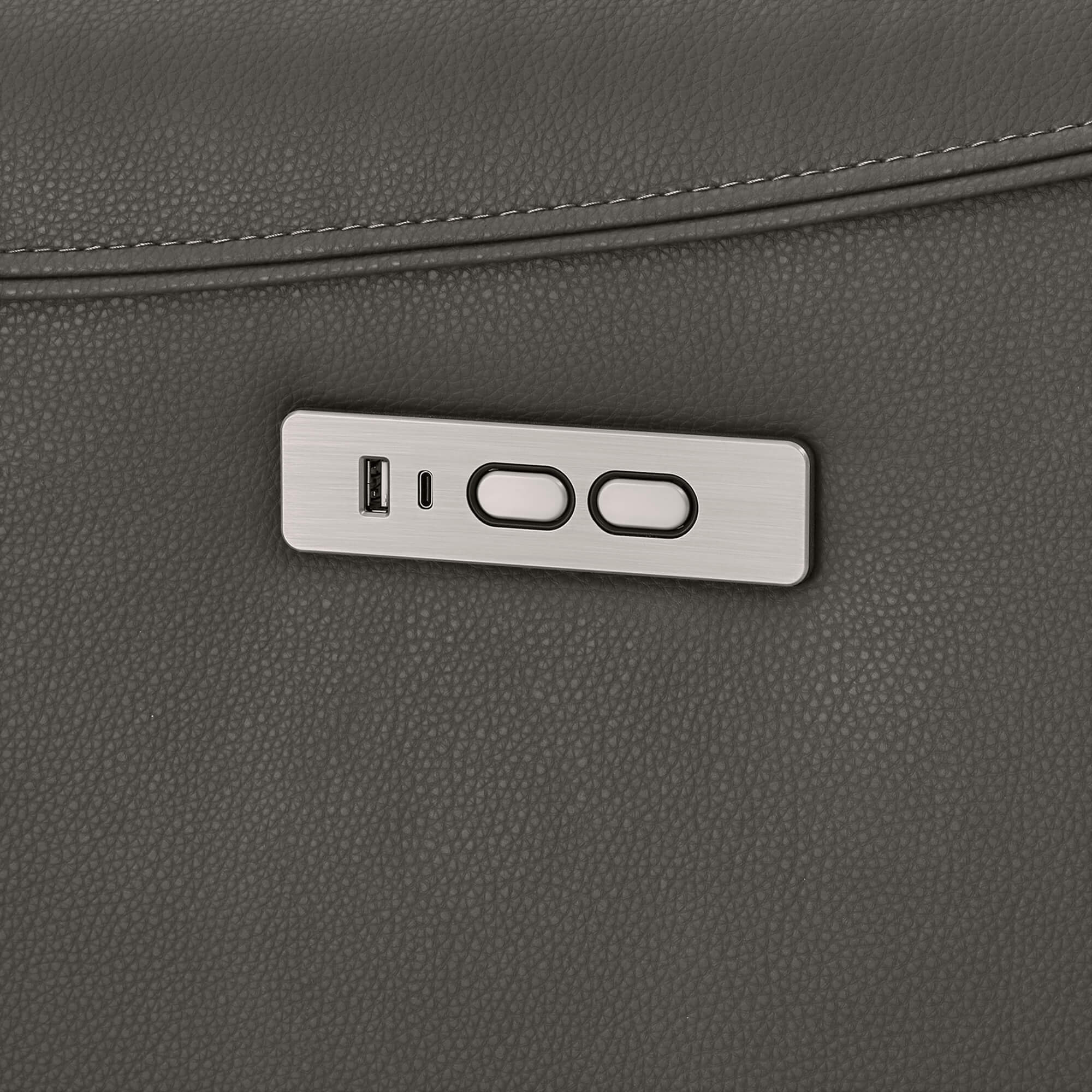 Close-up of power swivel recliner's control panel with USB port and reclining buttons - CHITA Living