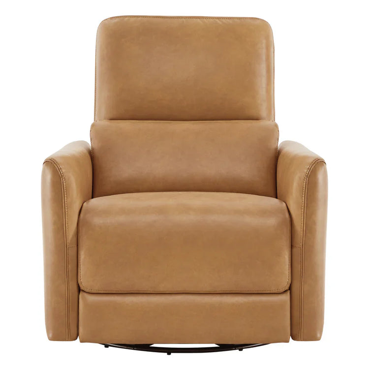 A tan leather recliner with a smooth surface and curved armrests