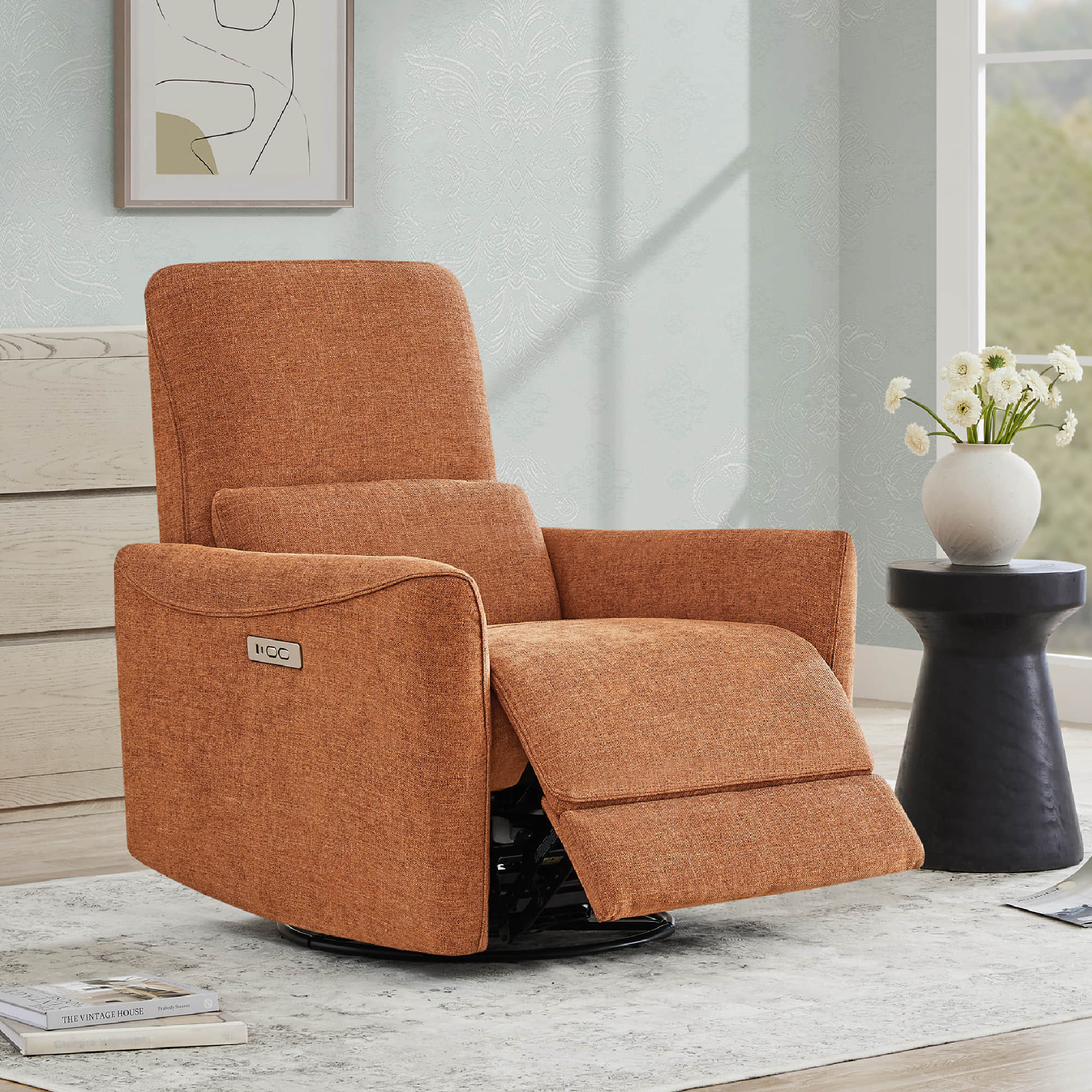 Chic orange power swivel glider recliner in modern living room with ergonomic design - CHITA Living