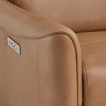 Close-up of Tracee brown power swivel recliner's sleek arm and USB port - CHITA Living