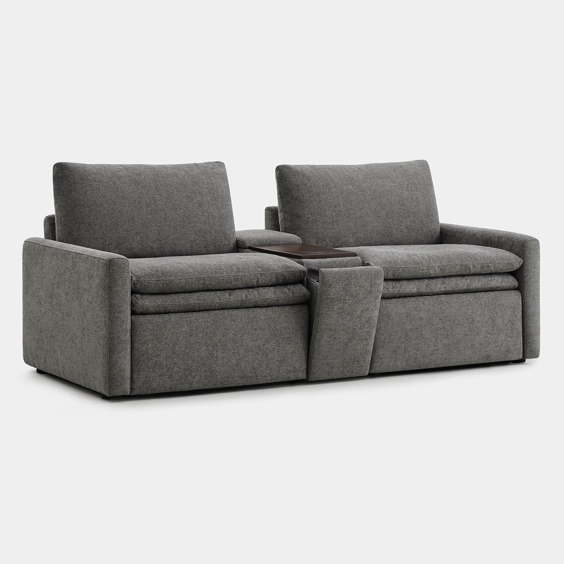 Ohana 2-Seat Motion Modular Sofa in soft gray fabric with central console - CHITA Living