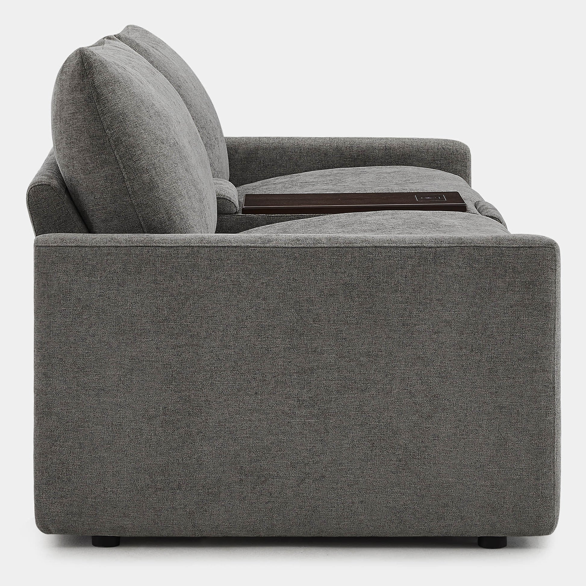 Side view of Ohana 2-Seat Motion Modular Sofa in soft gray fabric with console - CHITA Living