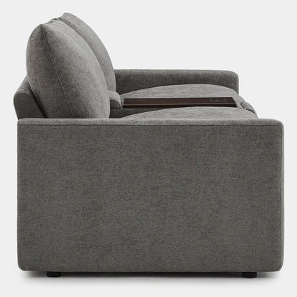 Side view of Ohana 2-Seat Motion Modular Sofa in soft gray fabric with console - CHITA Living