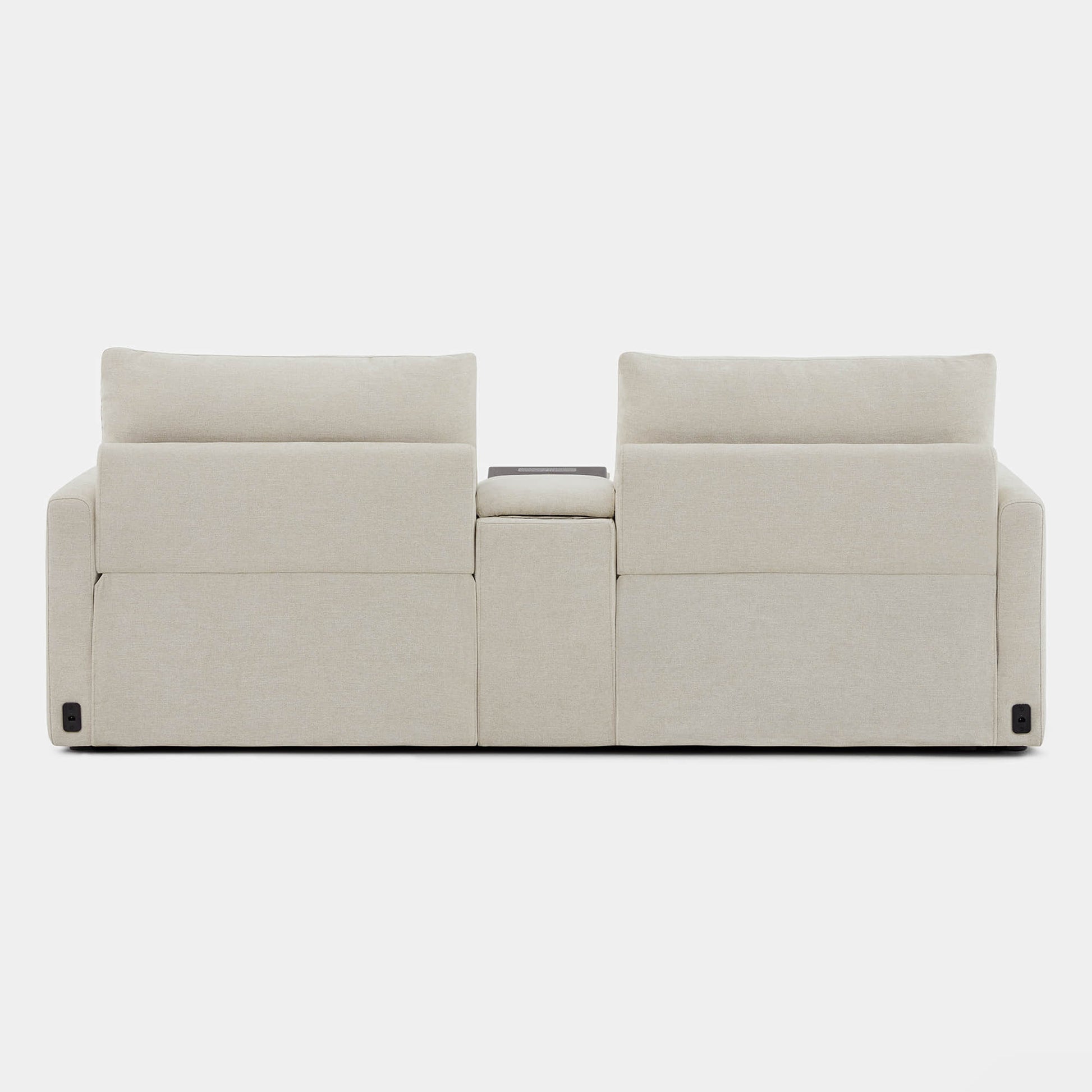 Ohana 2-Seat Motion Modular Sofa back view with soft beige fabric and console - CHITA Living