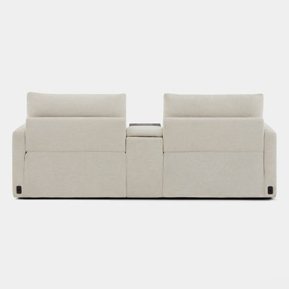 Ohana 2-Seat Motion Modular Sofa back view with soft beige fabric and console - CHITA Living