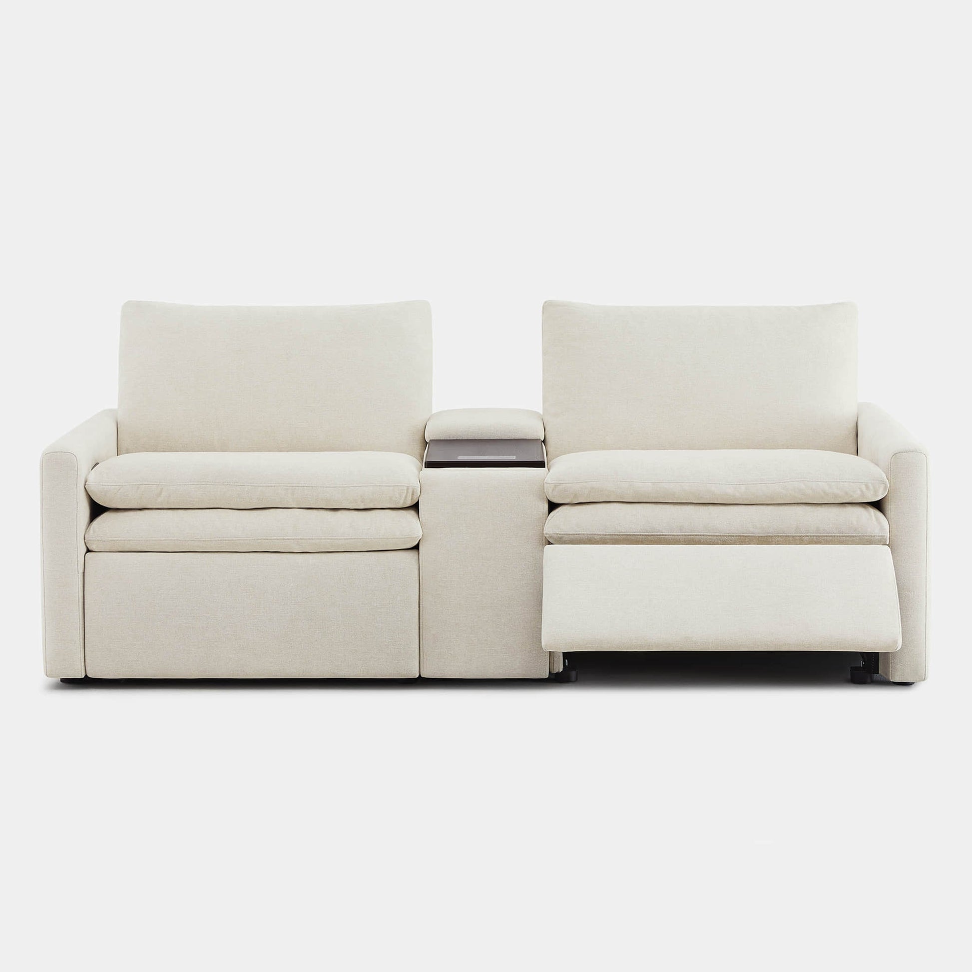 Front view of Ohana 2-Seat Motion Modular Sofa in light beige with integrated console - CHITA Living