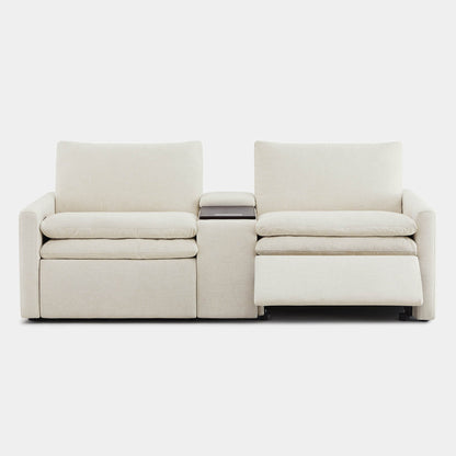 Front view of Ohana 2-Seat Motion Modular Sofa in light beige with integrated console - CHITA Living