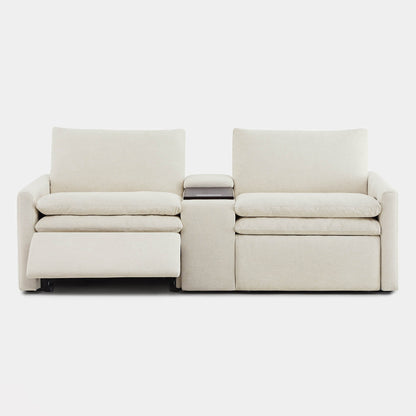 Front view of Ohana 2-Seat Motion Modular Sofa with light beige fabric and console - CHITA Living