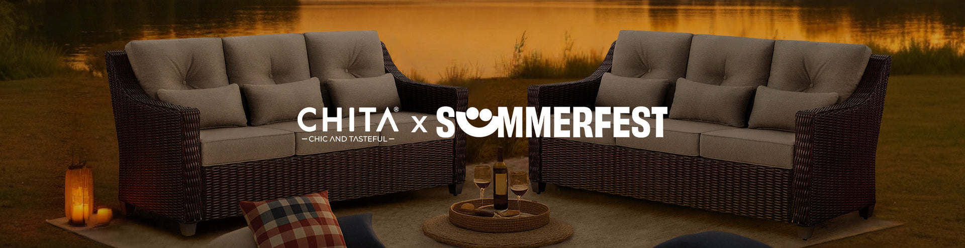 Outdoor furniture set with 'Chita' and 'Sommerfest' branding by a lake.
