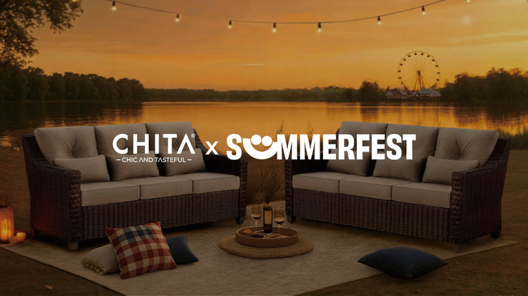 Outdoor furniture set by a lake with 'Chita' and 'Sommerfest' branding at sunset.