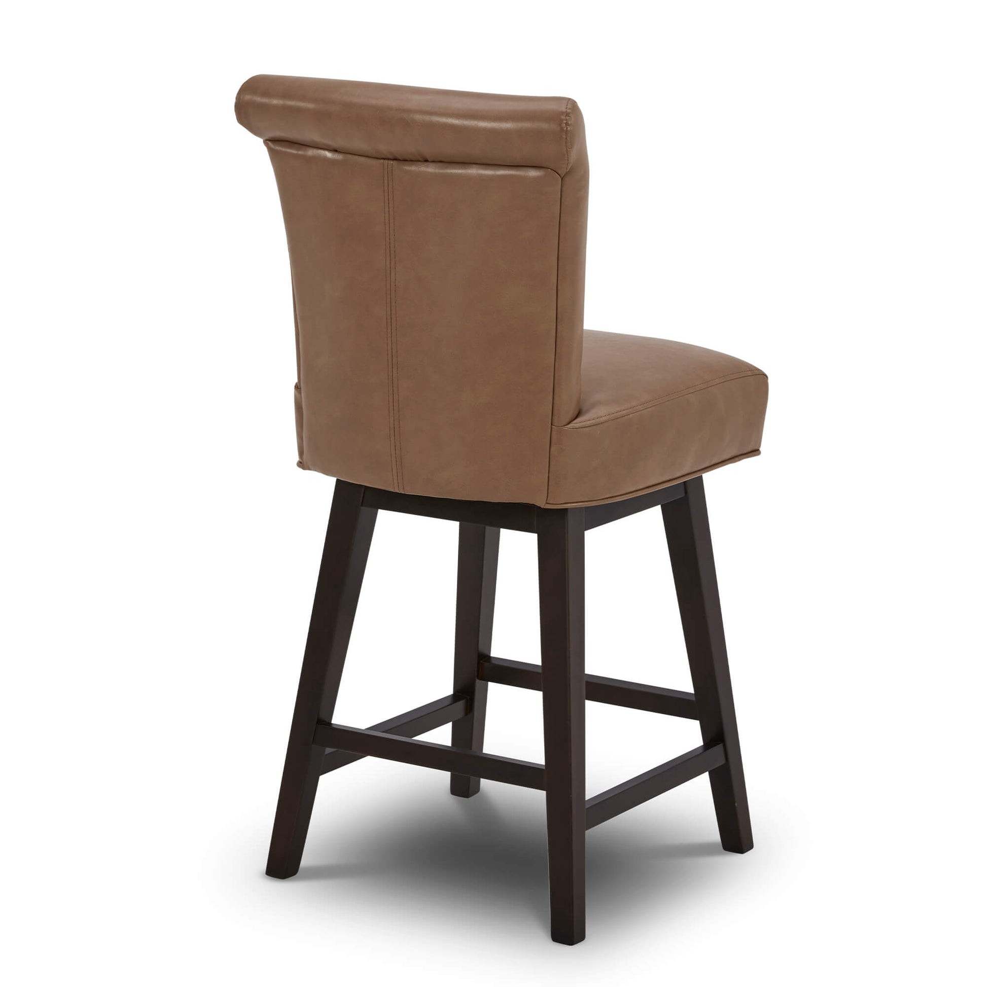 Back view of Alina swivel bar stool in brown leather with high rolled-back backrest - CHITA Living