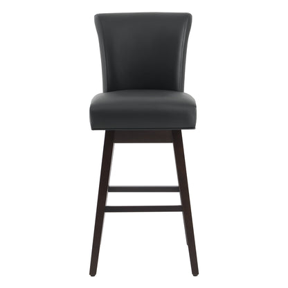 Alina modern swivel bar stool in dark green leather with sleek backrest and wooden legs - CHITA Living