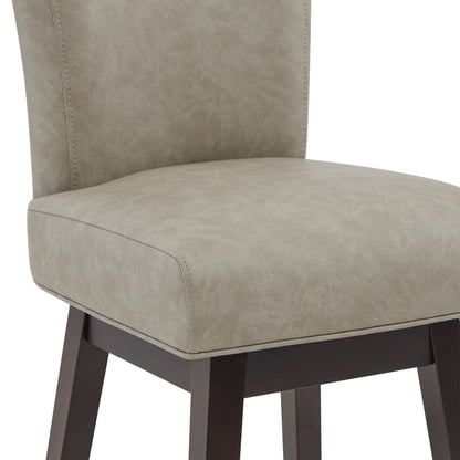 Light gray upholstered Alina swivel bar stool with plush seat and sleek wooden legs - CHITA Living