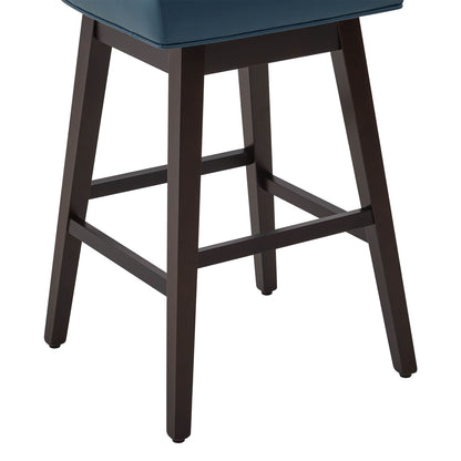 Close-up of Alina modern stool's dark wooden legs with blue seat cushion - CHITA Living
