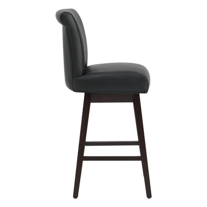Alina modern swivel bar stool in dark green leather with high back and wooden legs - CHITA Living