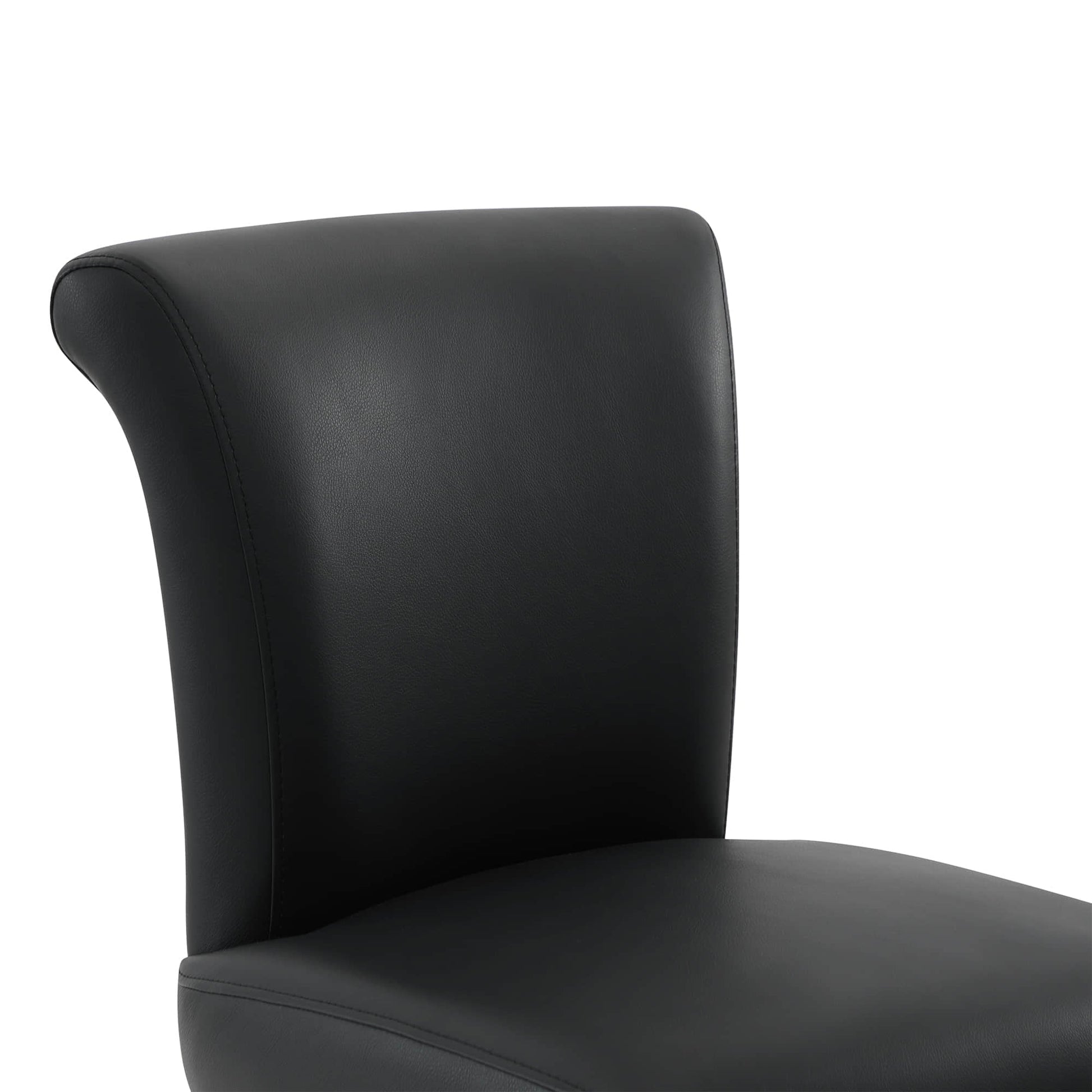 Alina modern swivel bar stool close-up with high backrest in sleek black faux leather - CHITA Living