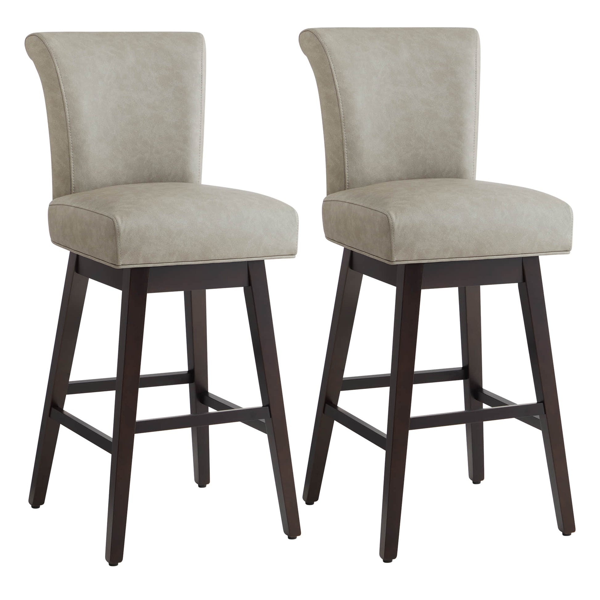 Alina modern swivel bar stools with high backs in light gray upholstery and wooden legs - CHITA Living
