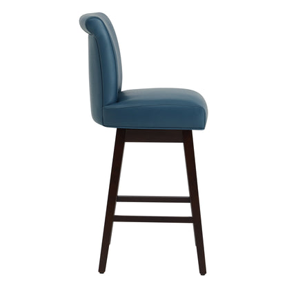 Alina modern swivel bar stool in blue faux leather with high back and wooden legs - CHITA Living
