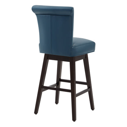 Alina modern swivel bar stool with high back in blue faux leather and dark wooden legs - CHITA Living