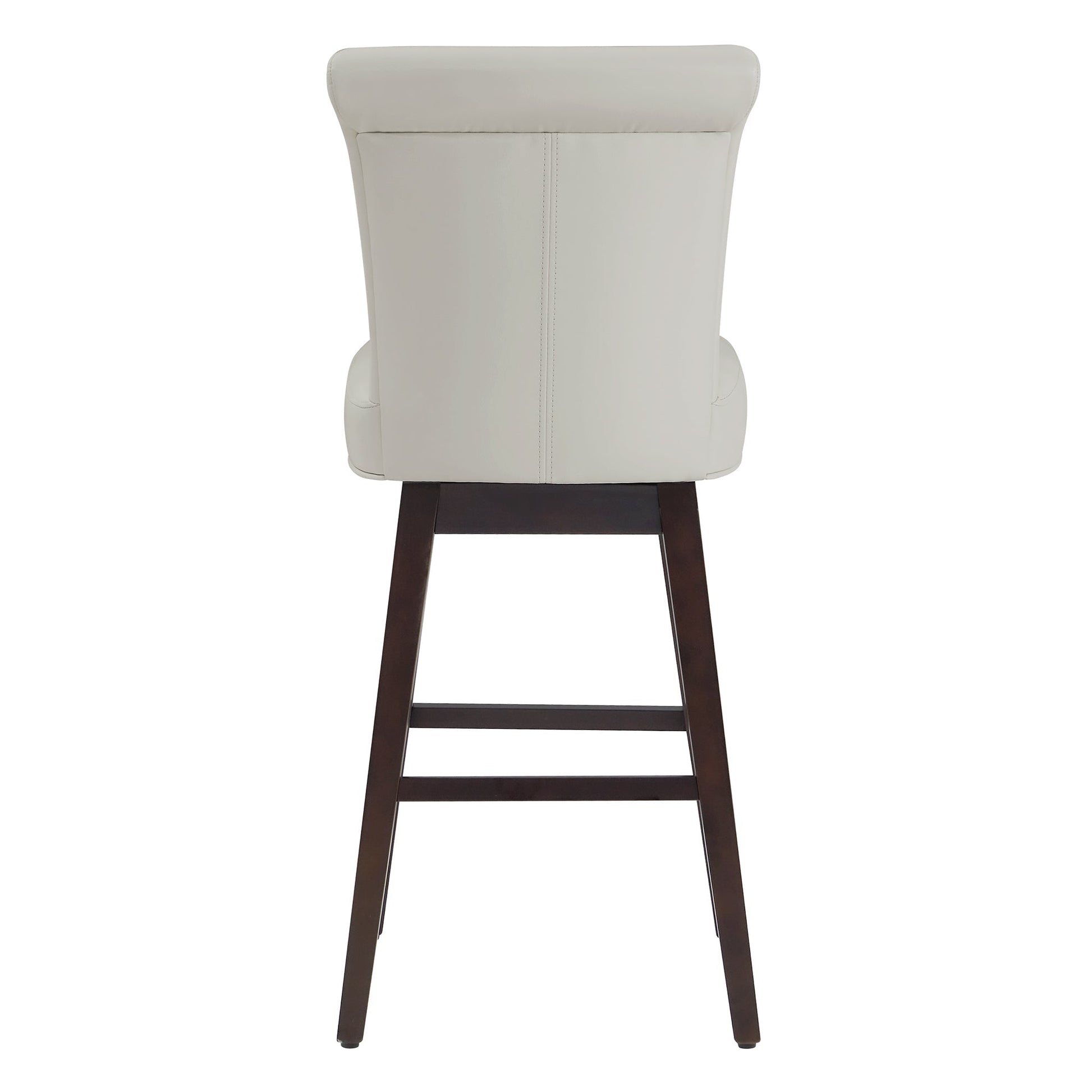 Alina modern swivel bar stool back view in white upholstery with dark wooden legs - CHITA Living
