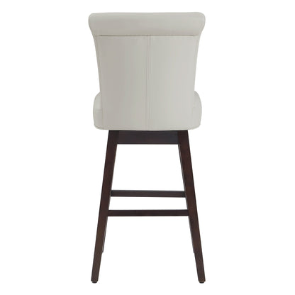Alina modern swivel bar stool back view in white upholstery with dark wooden legs - CHITA Living