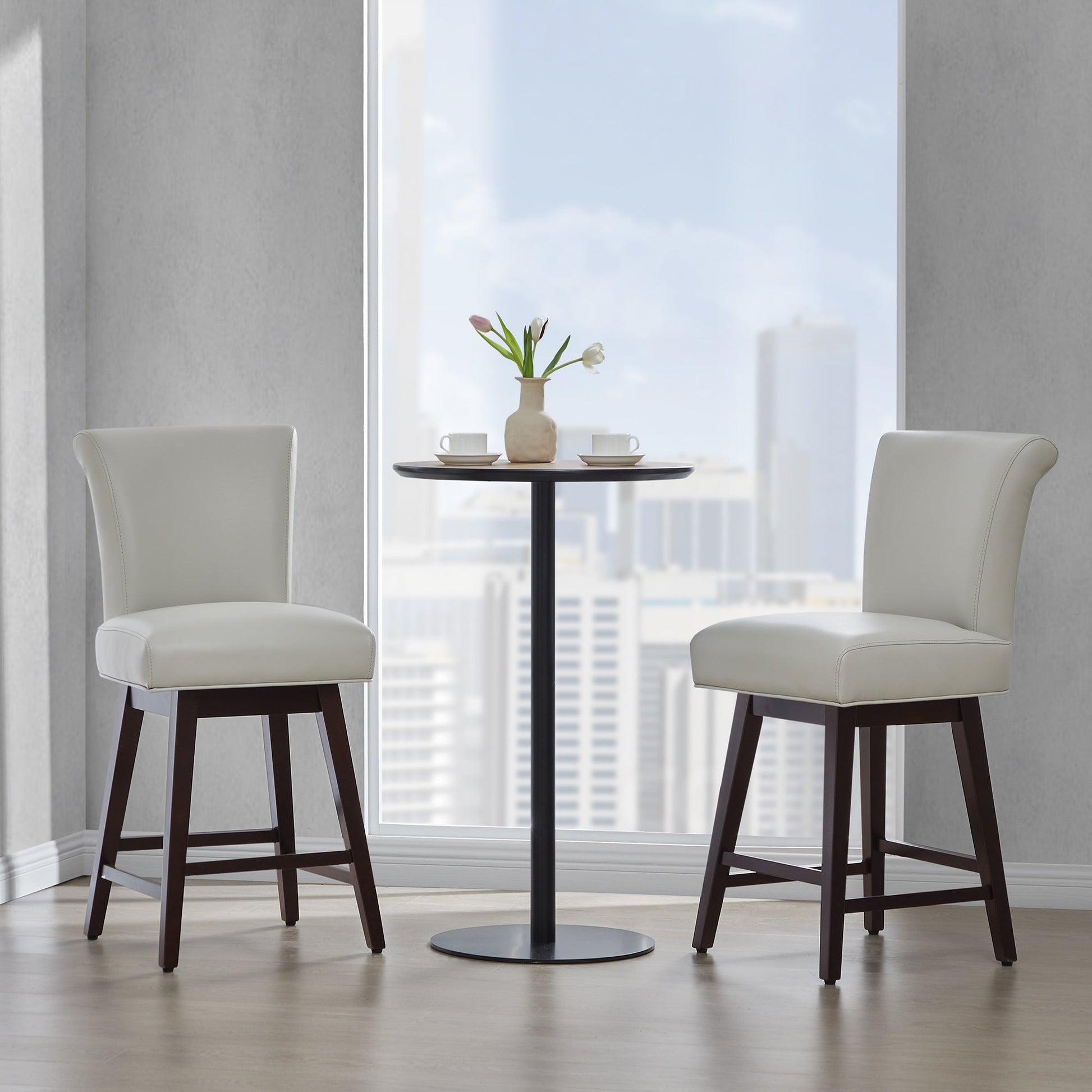 Alina modern swivel bar stools with high back and white upholstery in a stylish setting - CHITA Living