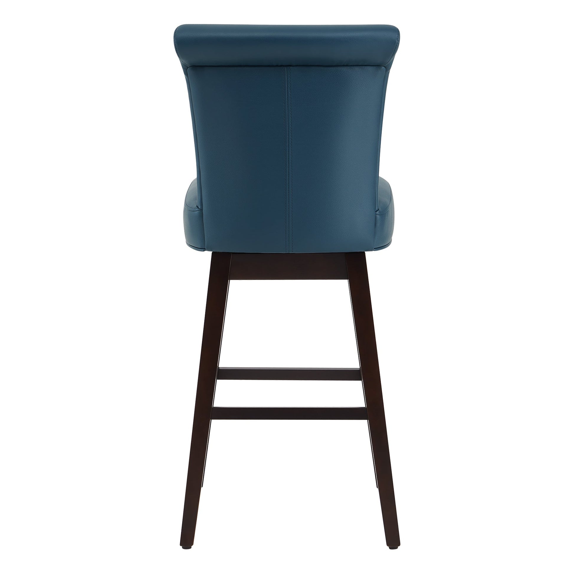 Teal Alina modern swivel bar stool with high rolled-back backrest and dark wooden legs - CHITA Living
