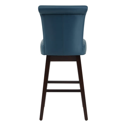 Teal Alina modern swivel bar stool with high rolled-back backrest and dark wooden legs - CHITA Living