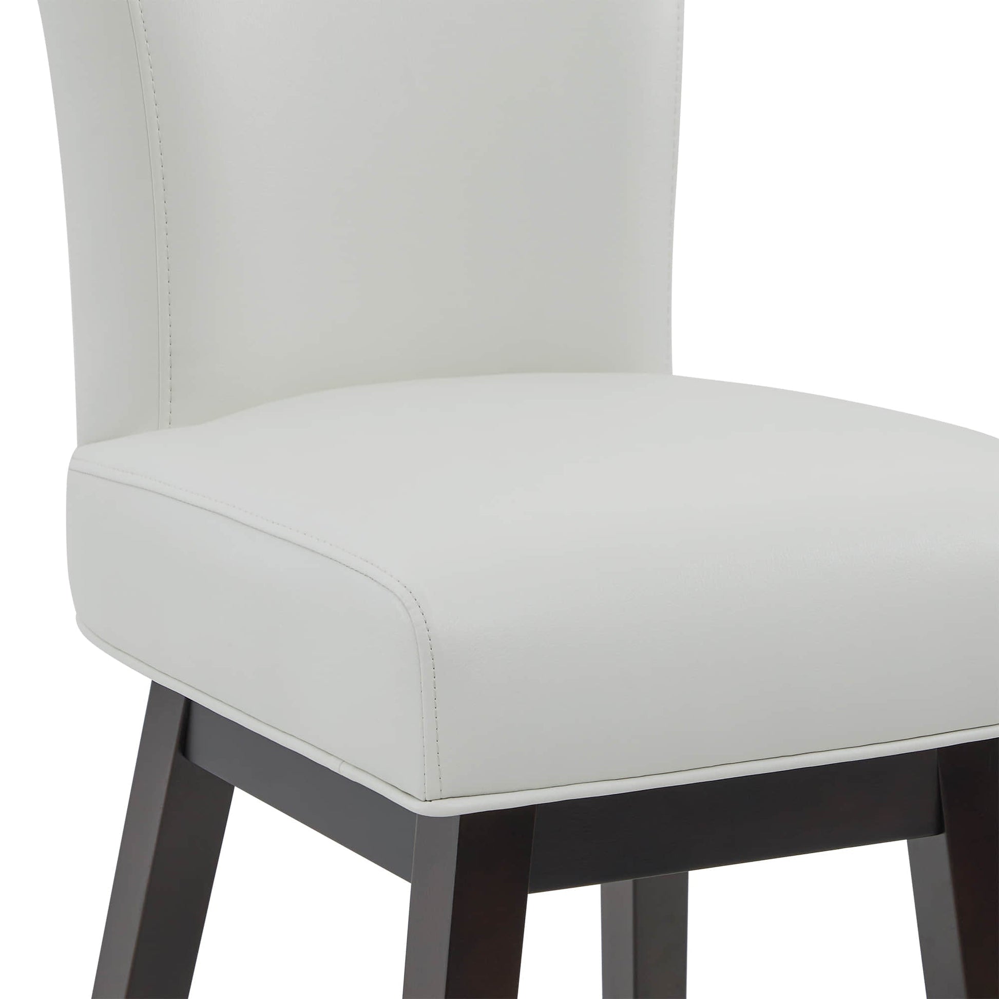 Alina modern swivel bar stool close-up in white faux leather with dark wooden legs - CHITA Living