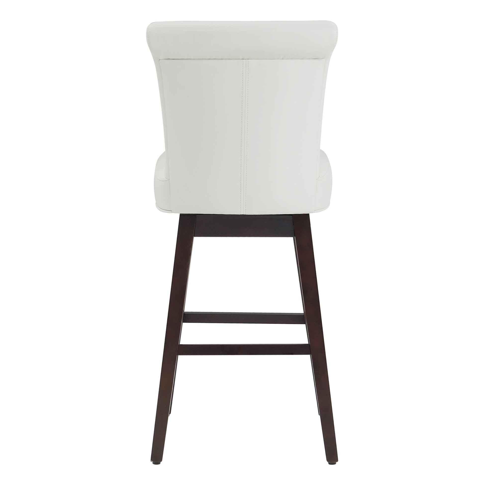 Back view of Alina modern swivel bar stool in white faux leather with dark wooden legs - CHITA Living