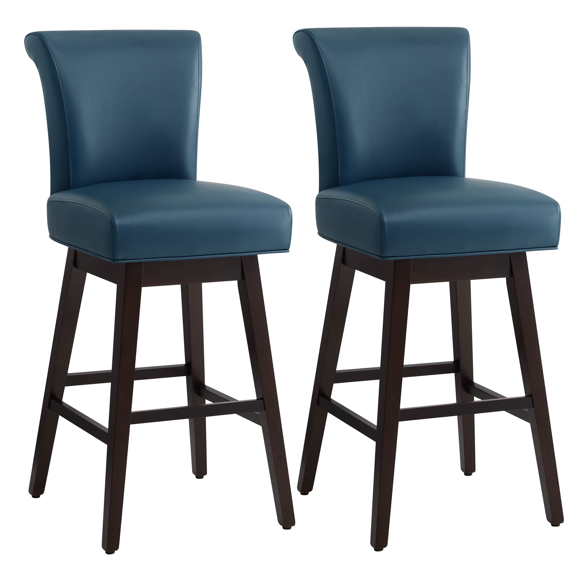 Teal Alina modern swivel bar stools with high backrests and dark wooden legs - CHITA Living