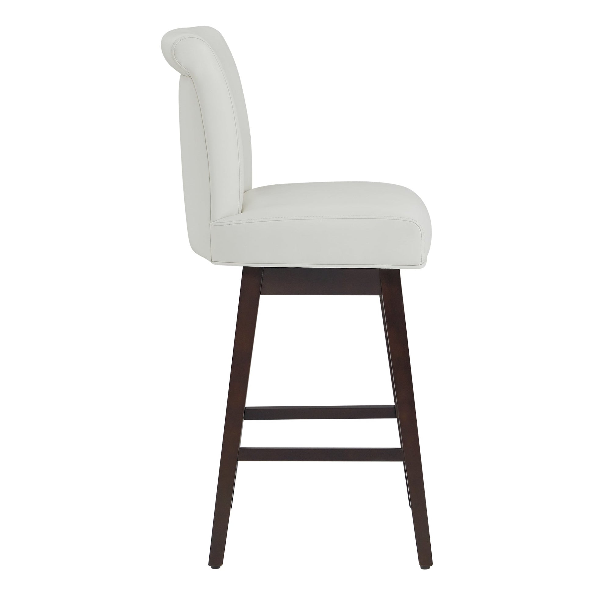 Alina modern swivel bar stool in white upholstery with high back and dark wooden legs - CHITA Living