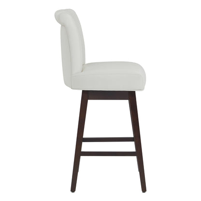 Alina modern swivel bar stool in white upholstery with high back and dark wooden legs - CHITA Living