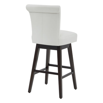 Alina modern swivel bar stool with high rolled-back backrest in white faux leather - CHITA Living