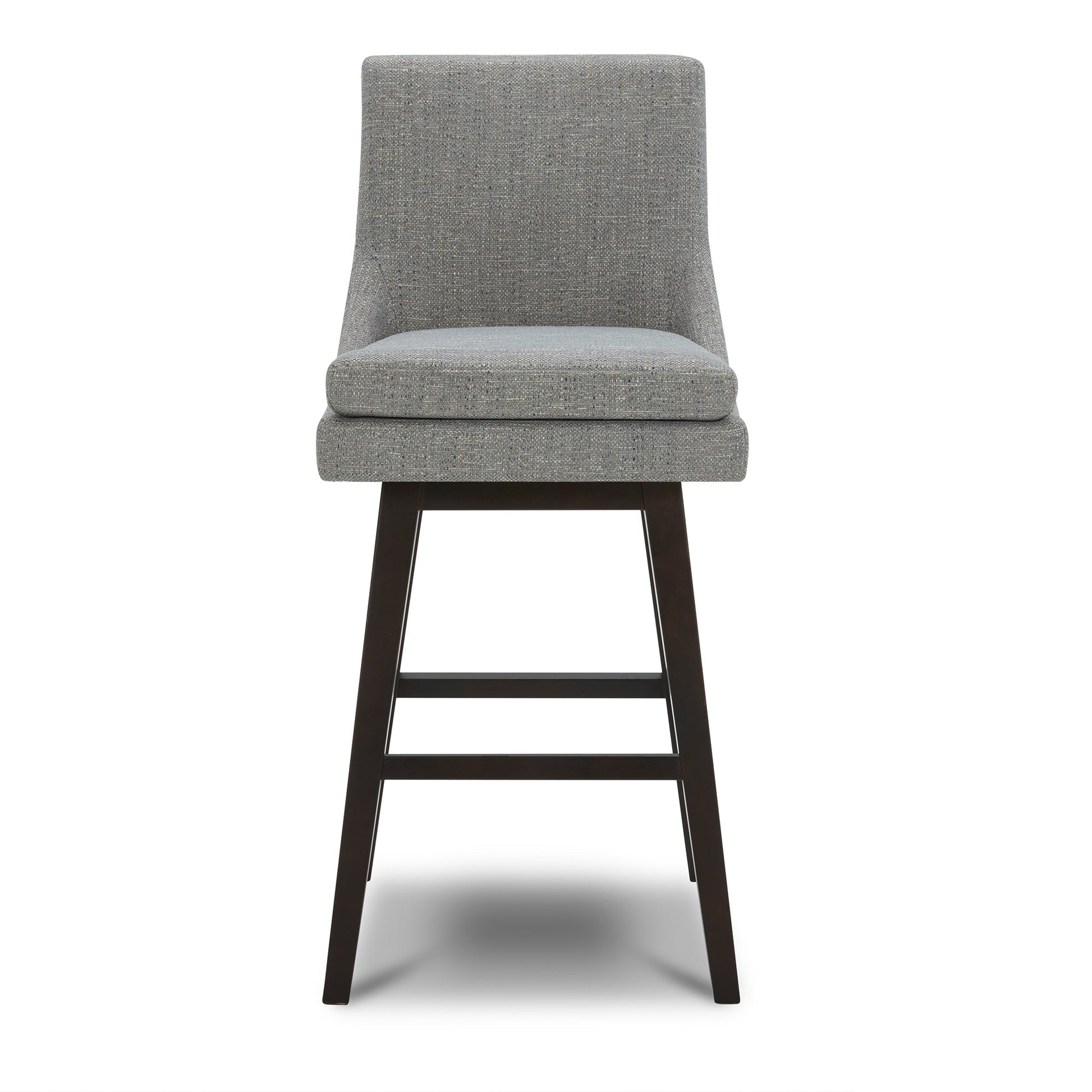 Lissa Swivel Bar Stool with soft grey fabric seat and sturdy dark wood legs - CHITA Living