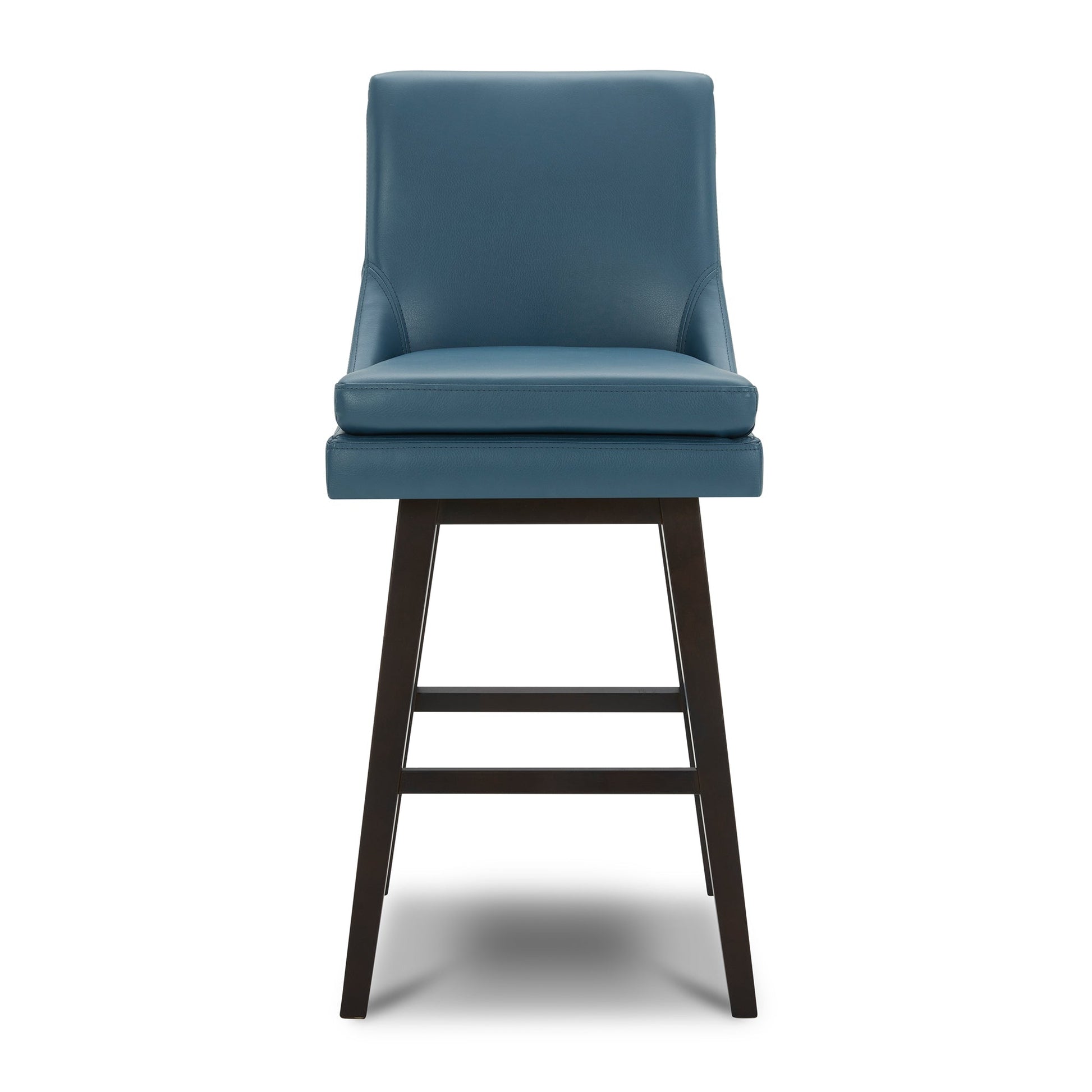 Lissa Swivel Bar Stool with blue leather seat and solid black wooden legs - CHITA Living
